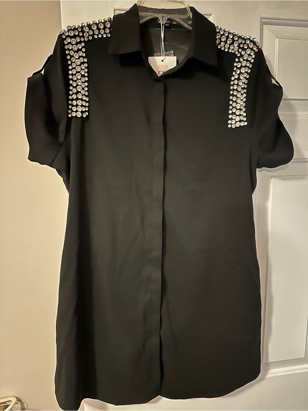 Black Rhinestone Embellished Shoulder Button-Front Dress